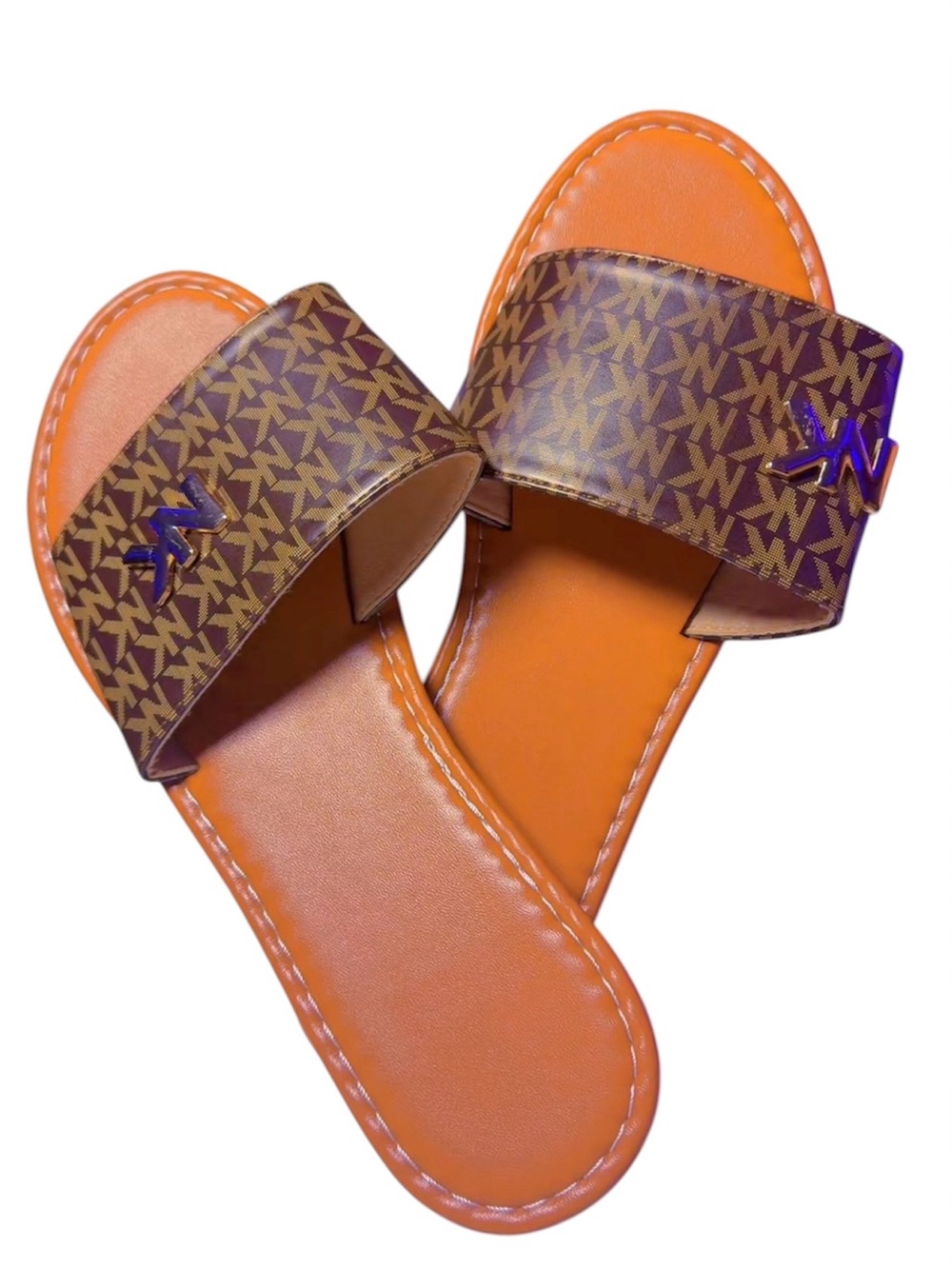 Michael Kors Orange Footbed Brown MK Logo Slide Sandals with Purple Accent